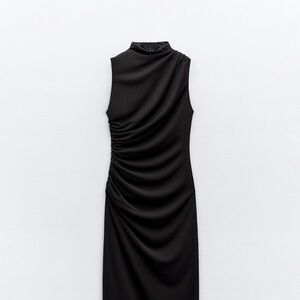 Zara Black Asymmetrical Ruched Midi Dress
